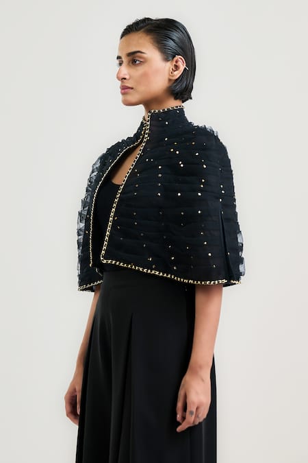 Buy Tarun Tahiliani Black Mukaish Cape With High Collar Online at Aza Fashions Buy_Tarun Tahiliani_Black Mukaish Cape With High Collar _Online_at_Aza_Fashions