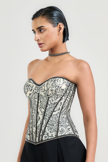 Buy_Ott_Ivory Silk Satin, Organza Beads, Embroidery Sweetheart Neck Jamawar Corset _Online_at_Aza_Fashions