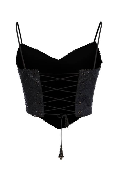 Ott_Black Cotton Satin Sequins Sweetheart Neck Party Corset _Online_at_Aza_Fashions