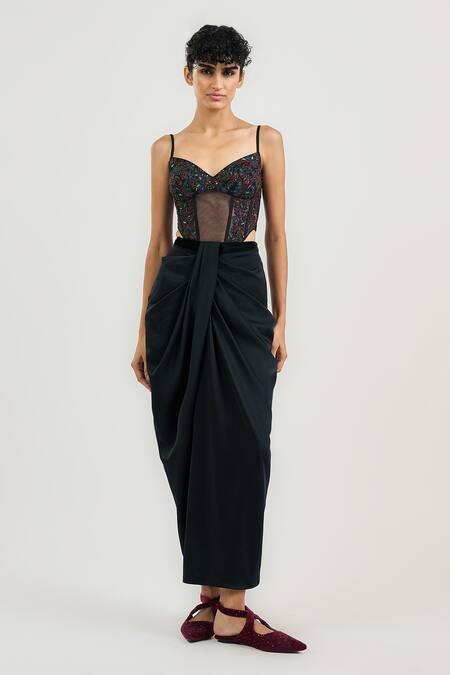 Ott_Black Tulle Embroidery Sweetheart Neck Evening Bodysuit _Online_at_Aza_Fashions
