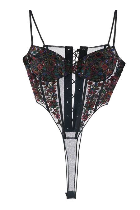 Buy_Ott_Black Tulle Embroidery Sweetheart Neck Evening Bodysuit _Online_at_Aza_Fashions