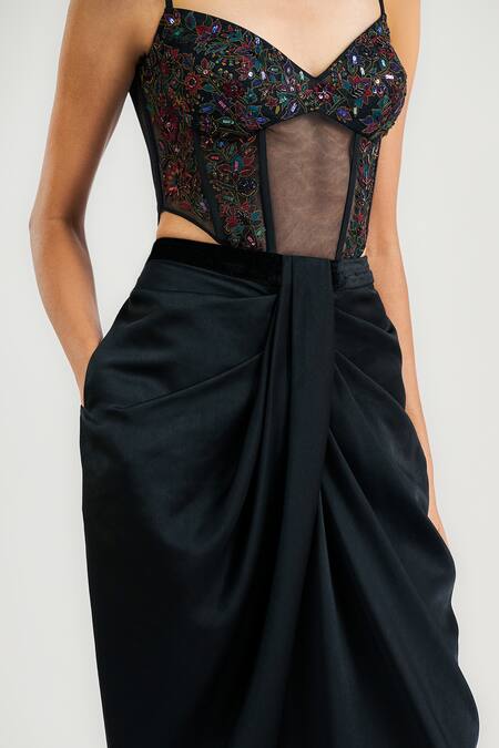 Shop_Ott_Black Tulle Embroidery Sweetheart Neck Evening Bodysuit _Online_at_Aza_Fashions