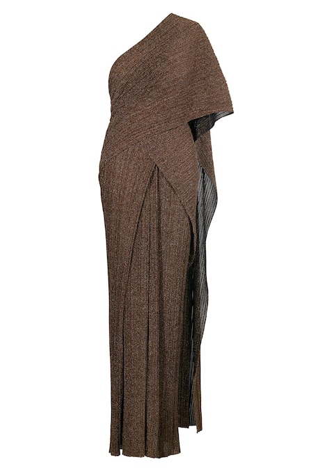 Tarun Tahiliani_Gold Tulle Crinkle Pre-draped Saree _Online_at_Aza_Fashions