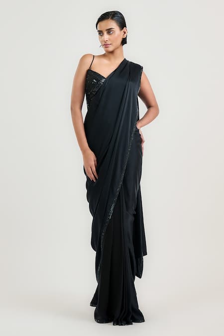 OTT Beaded Black Pre-Draped Saree 