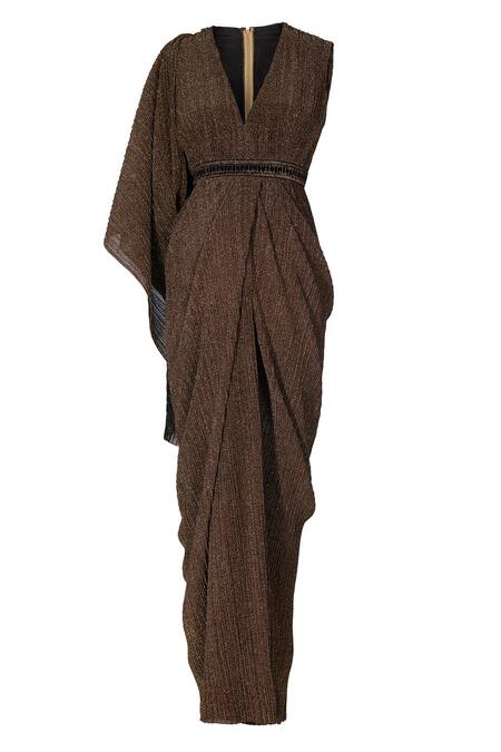 Shop Ott Gold V-neck Crinkle Draped Saree Gown Online at Aza Fashions Shop_Ott_Gold V-neck Crinkle Draped Saree Gown _Online_at_Aza_Fashions