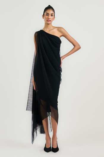 Buy OTT Black Tulle One Shoulder Draped Dress at Aza Fashions Buy_OTT_Black Tulle One Shoulder Draped Dress _at_Aza_Fashions