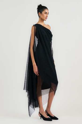 OTT Black Tulle One Shoulder Draped Dress Online at Aza Fashions OTT_Black Tulle One Shoulder Draped Dress _Online_at_Aza_Fashions