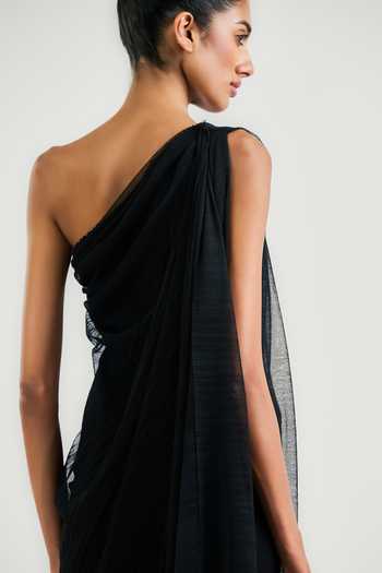 Shop OTT Black Tulle One Shoulder Draped Dress Online at Aza Fashions Shop_OTT_Black Tulle One Shoulder Draped Dress _Online_at_Aza_Fashions