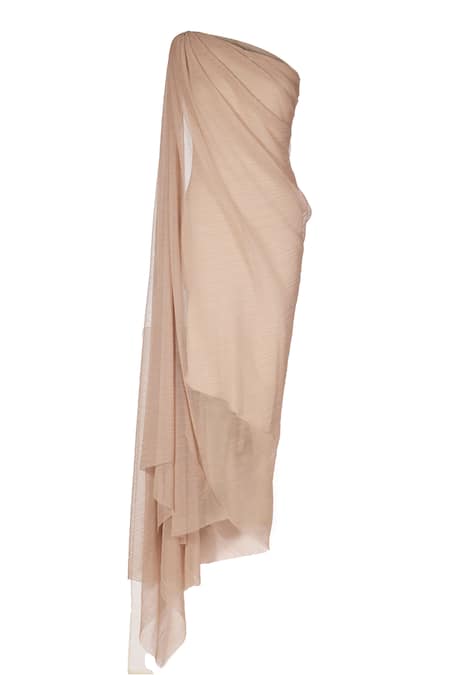 Ott_Cream Crepe, Tulle One Shoulder Draped Dress _Online_at_Aza_Fashions