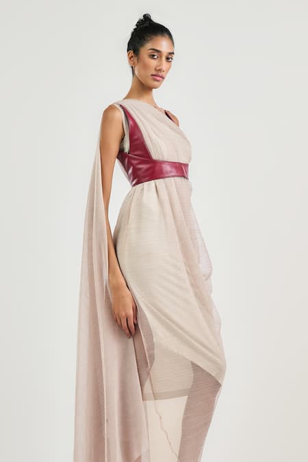 Buy_Ott_Cream Crepe, Tulle One Shoulder Draped Dress _Online_at_Aza_Fashions