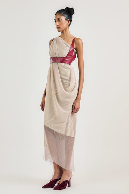 Shop_Ott_Cream Crepe, Tulle One Shoulder Draped Dress _Online_at_Aza_Fashions