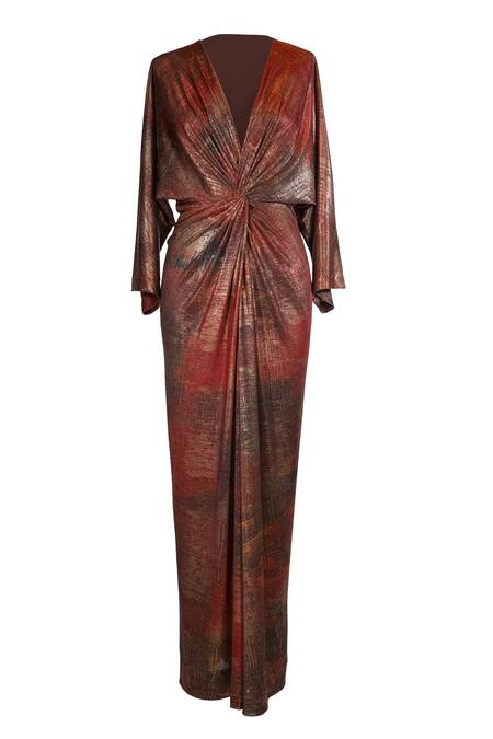Buy_Tarun Tahiliani_Multi Color Jersey V-neck Ram Kumar Knotted Maxi Dress _Online_at_Aza_Fashions