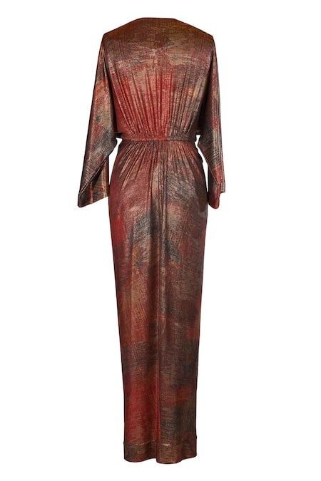 Shop_Tarun Tahiliani_Multi Color Jersey V-neck Ram Kumar Knotted Maxi Dress _Online_at_Aza_Fashions