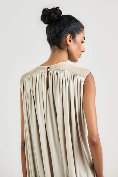 Ott_Cream Viscose, Jersey Round Neck Cocoon Midi Dress _Online_at_Aza_Fashions