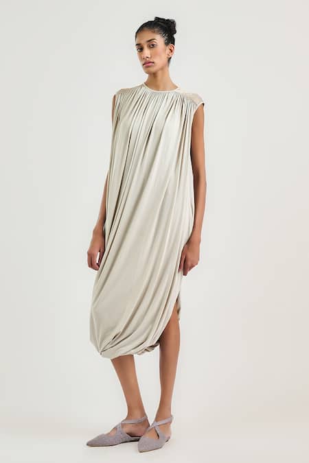 Shop_Ott_Cream Viscose, Jersey Round Neck Cocoon Midi Dress _Online_at_Aza_Fashions