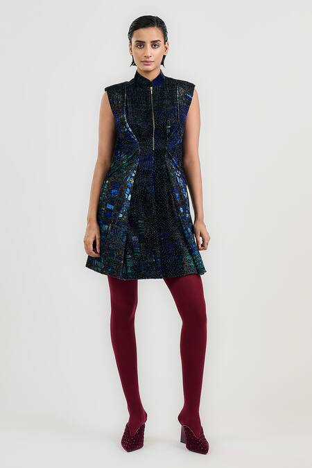 OTT Blue Silk Beads Collared Art Series Dress 