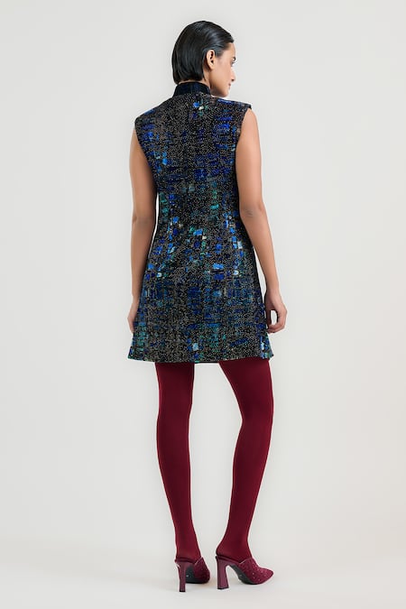 Shop Ott Blue Silk Beads Collared Art Series Dress at Aza Fashions Shop_Ott_Blue Silk Beads Collared Art Series Dress _at_Aza_Fashions