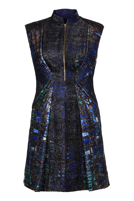 Buy Ott Blue Silk Beads Collared Art Series Dress Online at Aza Fashions Buy_Ott_Blue Silk Beads Collared Art Series Dress _Online_at_Aza_Fashions