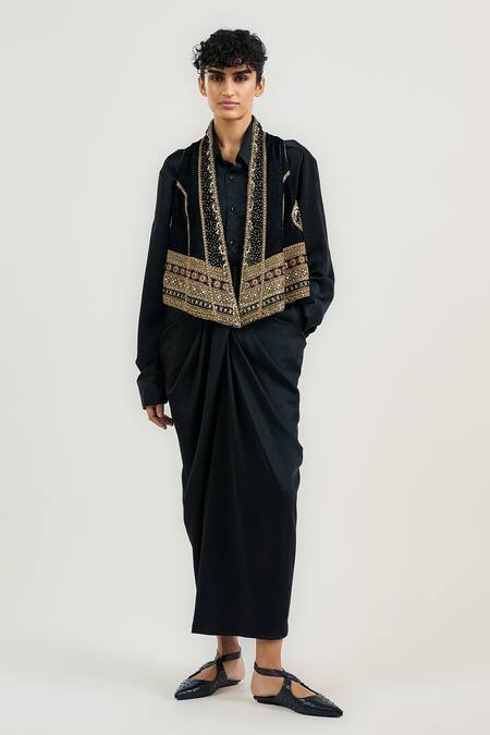 Ott_Black Silk, Viscose Round Neck Mughal Embroidered Gilet _Online_at_Aza_Fashions