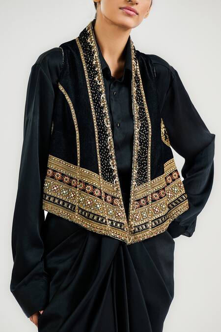 Buy_Ott_Black Silk, Viscose Round Neck Mughal Embroidered Gilet _Online_at_Aza_Fashions