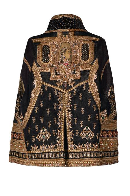 Shop_Ott_Black Silk, Viscose Round Neck Mughal Embroidered Gilet _Online_at_Aza_Fashions