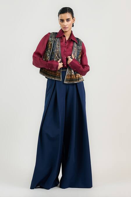 Buy_Ott_Multi Color Silk, Viscose Open Neck Velvet Jamawar Gilet _Online_at_Aza_Fashions