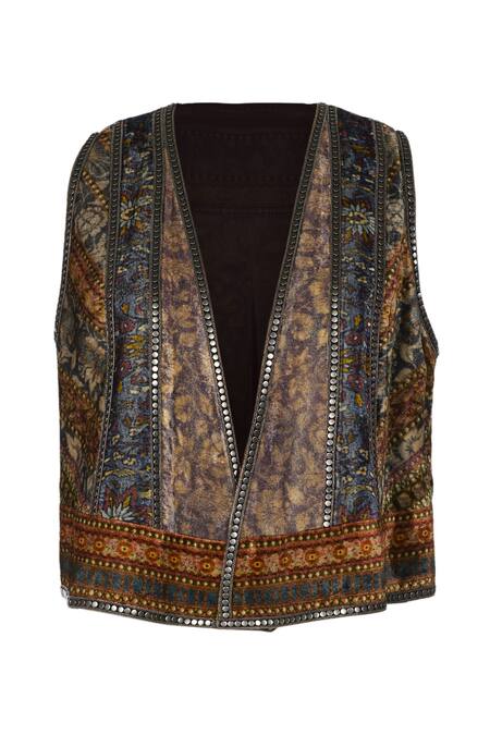Shop_Ott_Multi Color Silk, Viscose Open Neck Velvet Jamawar Gilet _Online_at_Aza_Fashions