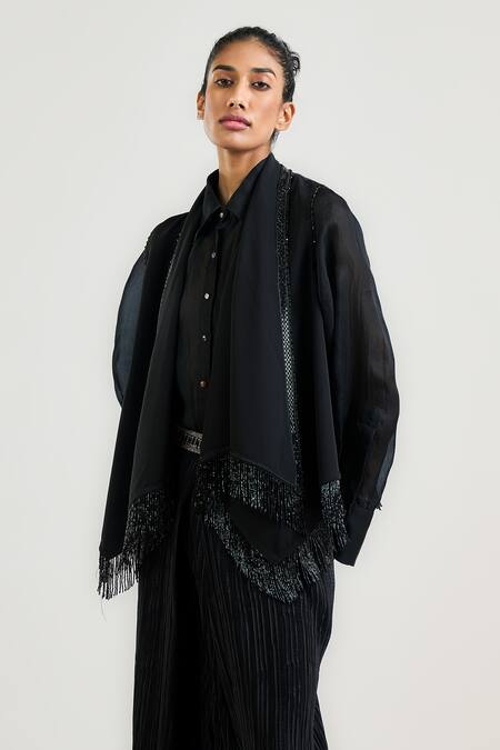 Shop_Ott_Black Silk, Crepe Open Neck Cocktail Gilet  _Online_at_Aza_Fashions