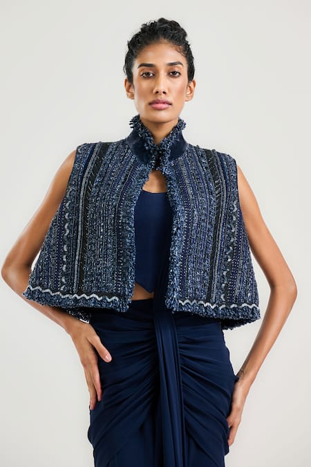 OTT Navy Handloom Cotton High Neck Blue Handwoven Tweed Gilet 