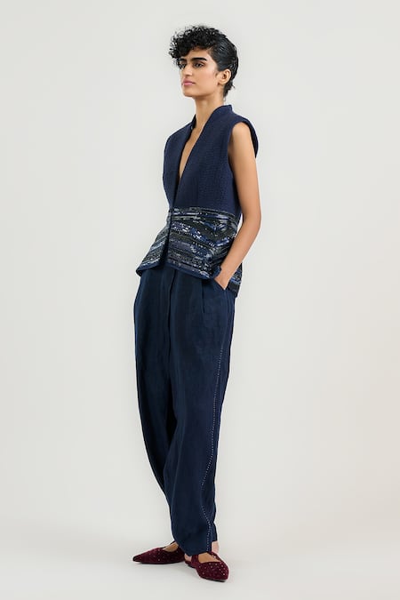 Ott Navy Handloom , V-neck Beaded Blue Gilet Online at Aza Fashions Ott_Navy Handloom , V-neck Beaded Blue Gilet _Online_at_Aza_Fashions