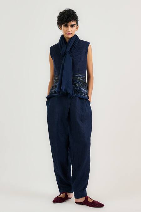 Buy Ott Navy Handloom , V-neck Beaded Blue Gilet Online at Aza Fashions Buy_Ott_Navy Handloom , V-neck Beaded Blue Gilet _Online_at_Aza_Fashions