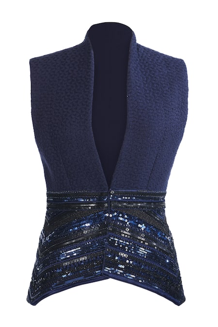 Shop Ott Navy Handloom , V-neck Beaded Blue Gilet Online at Aza Fashions Shop_Ott_Navy Handloom , V-neck Beaded Blue Gilet _Online_at_Aza_Fashions