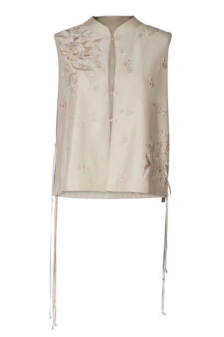 Ott_Ivory Silk Round Neck Tonal Sozni Dupion Gilet _Online_at_Aza_Fashions