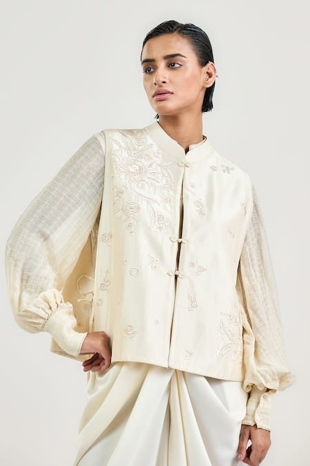 Shop_Ott_Ivory Silk Round Neck Tonal Sozni Dupion Gilet _Online_at_Aza_Fashions