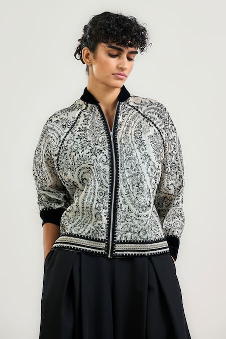 Ott Embroidered Jamawar Bomber Jacket 