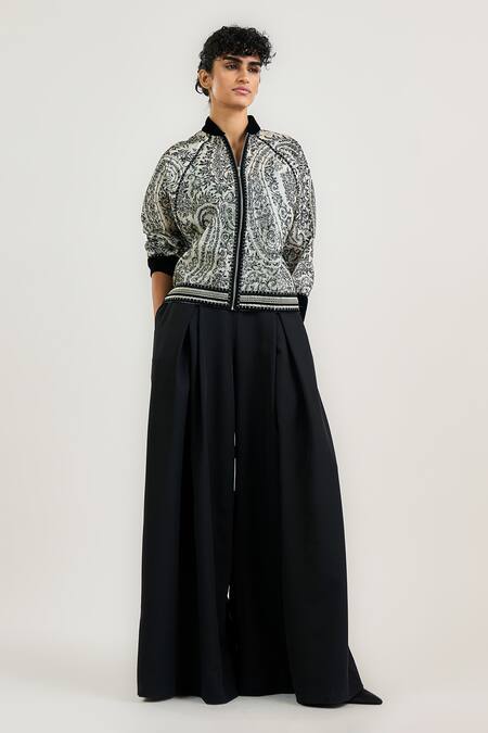 Ott_Black Silk Satin, Organza Embroidery Round Neck Jamawar Bomber Jacket _Online_at_Aza_Fashions