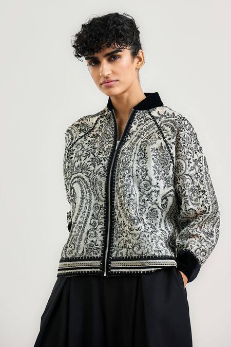 Buy_Ott_Black Silk Satin, Organza Embroidery Round Neck Jamawar Bomber Jacket _Online_at_Aza_Fashions