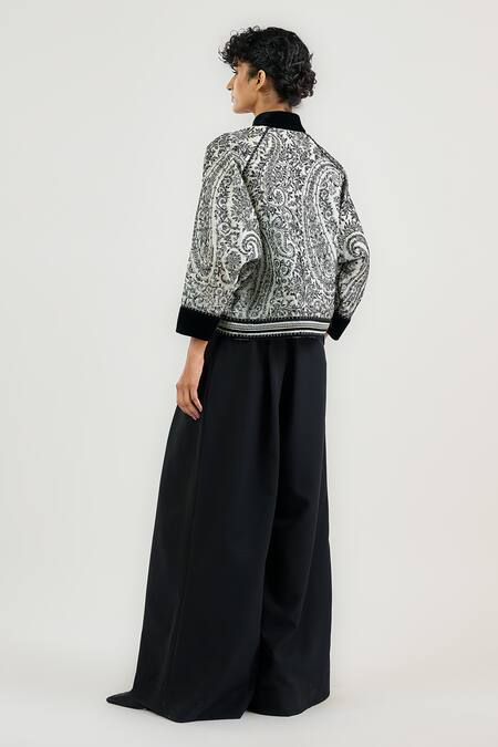 Shop_Ott_Black Silk Satin, Organza Embroidery Round Neck Jamawar Bomber Jacket _Online_at_Aza_Fashions