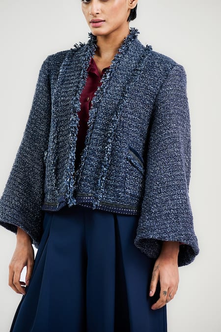 Ott_Navy Handloom , Open Neck Blue Handwoven Tweed Jacket _Online_at_Aza_Fashions