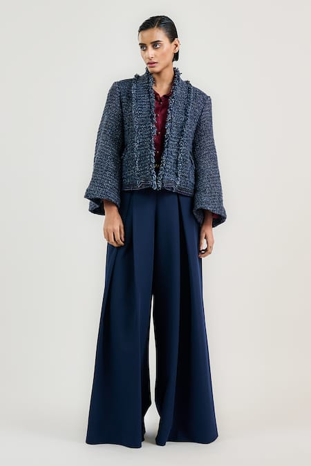 Shop_Ott_Navy Handloom , Open Neck Blue Handwoven Tweed Jacket _Online_at_Aza_Fashions