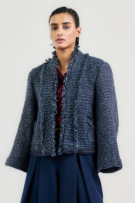 Ott Navy Blue Handwoven Tweed Jacket 