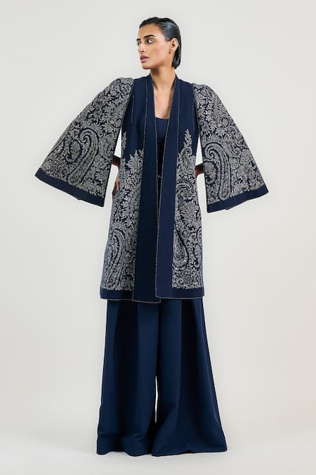 OTT Navy Cotton Embroidery Open Neck Blue Jamawar Jacket 