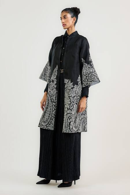 Ott_Black Silk Satin, Organza Embroidery Jamawar Jacket _Online_at_Aza_Fashions