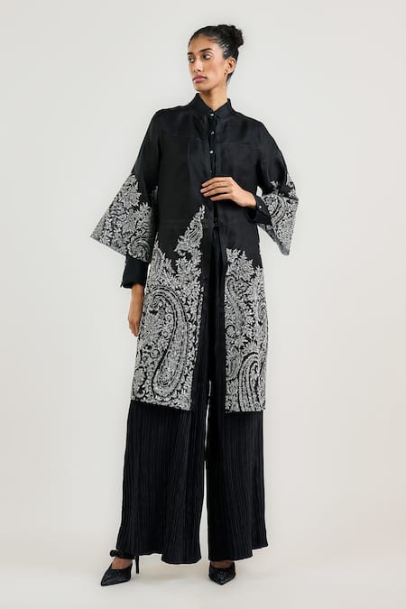 Ott Black Silk Satin, Organza Embroidery Jamawar Jacket
