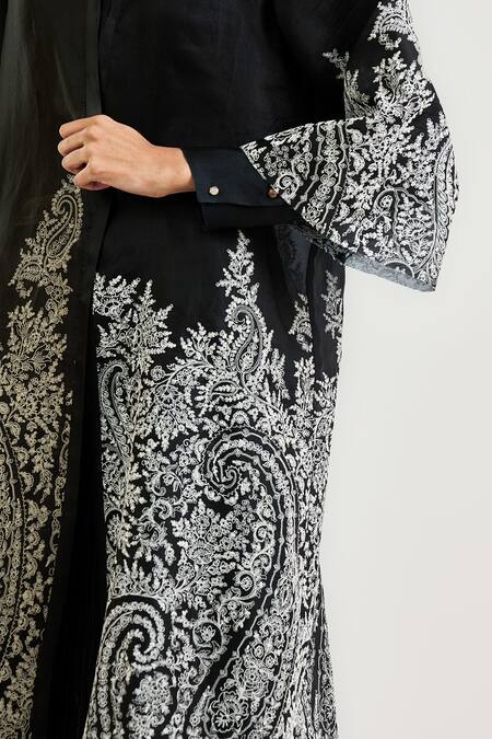 Buy_Ott_Black Silk Satin, Organza Embroidery Jamawar Jacket _Online_at_Aza_Fashions