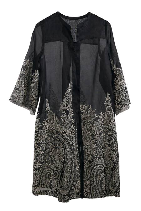 Shop_Ott_Black Silk Satin, Organza Embroidery Jamawar Jacket _Online_at_Aza_Fashions