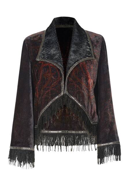 Shop_Ott_Multi Color Silk, Velvet Fringe Oriental Party Jacket_Online_at_Aza_Fashions