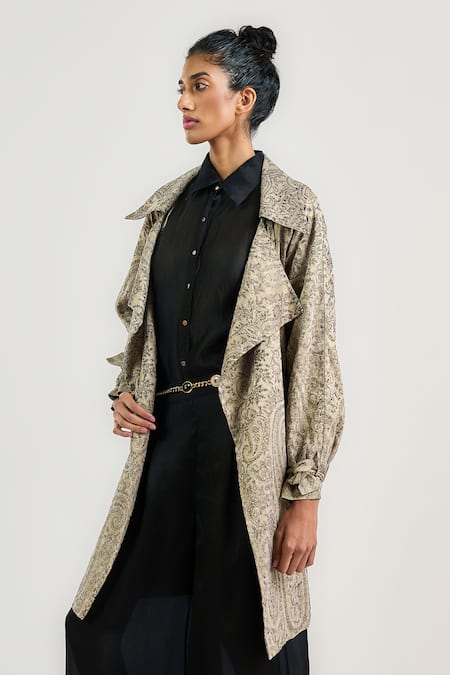 Ott_Cream Linen, Satin Jamawar All Season Trench Coat _Online_at_Aza_Fashions