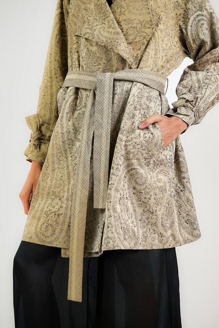 Buy_Ott_Cream Linen, Satin Jamawar All Season Trench Coat _Online_at_Aza_Fashions