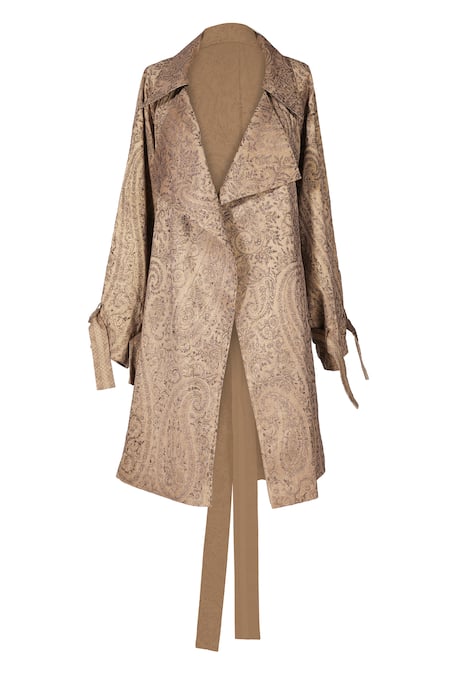 Shop_Ott_Cream Linen, Satin Jamawar All Season Trench Coat _Online_at_Aza_Fashions